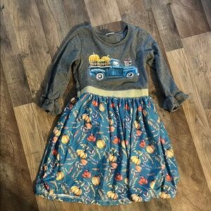 Fall truck / pumpkin / leaves Gray and Blue Kids Dress sz 8-10